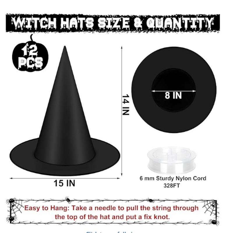 12PCS Halloween Witch Hats Black Hanging Witch Hat, Witch Costume Accessories Wizard Hats Indoor Outdoor Halloween Decorations for Home Yard Porch