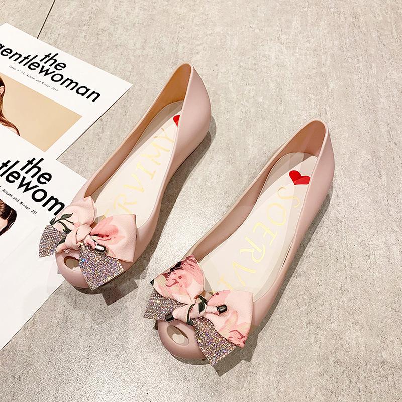 Fashion Sexy Peep Toe Mixed Color Silk Bow Flats Women Candy Color Jelly Shoes Double Layer Bowtie Ballet Shoes Summer Beach Shoes