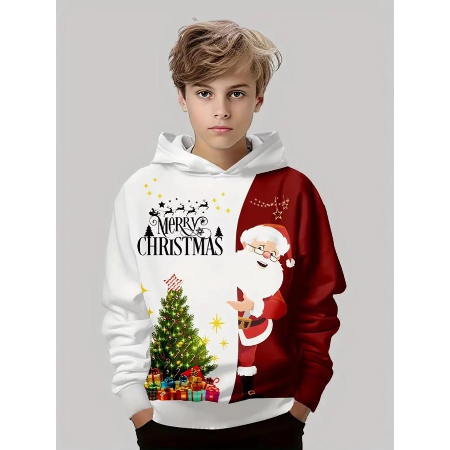 Sudadera con capucha navideña para niños Estampado de Papá Noel Sudadera de moda de dibujos animados para niño niña Ropa infantil para fiesta navideña