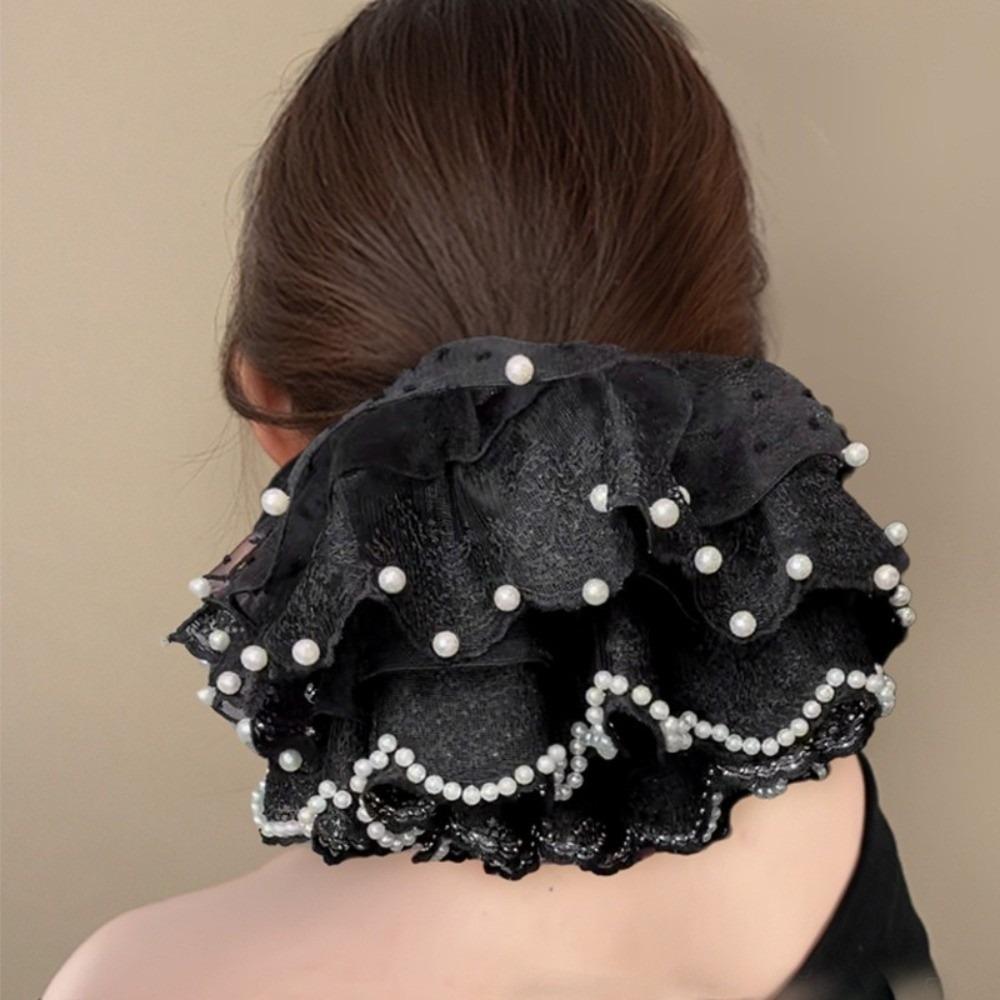 Elastic Pearl Lace Scrunchies Hair Bands Ponytail Holder Oversize Lace Hair Ties for Meatball Head