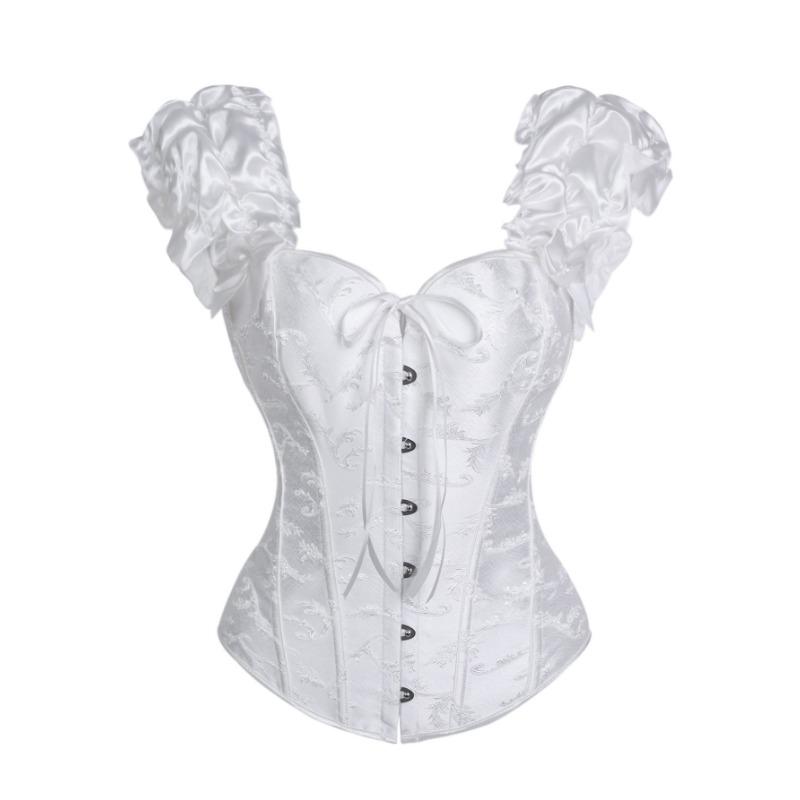 

Black Jacquard Corset Top With Puff Sleeves And Bow Front Hook Boned Bustier For Women S білий