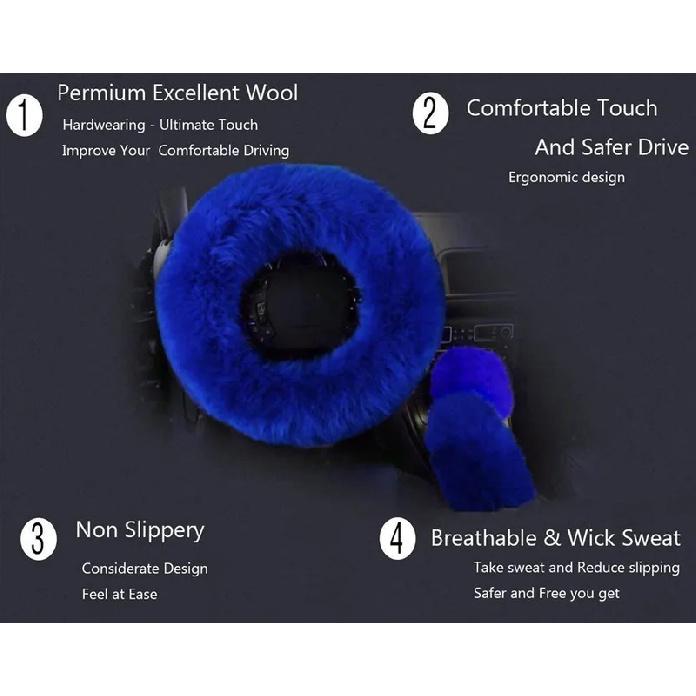 3pcs/Set High Quality Artificial Fur Car Auto Long Plush Warm Steering Wheel Handbrake Cover Blue