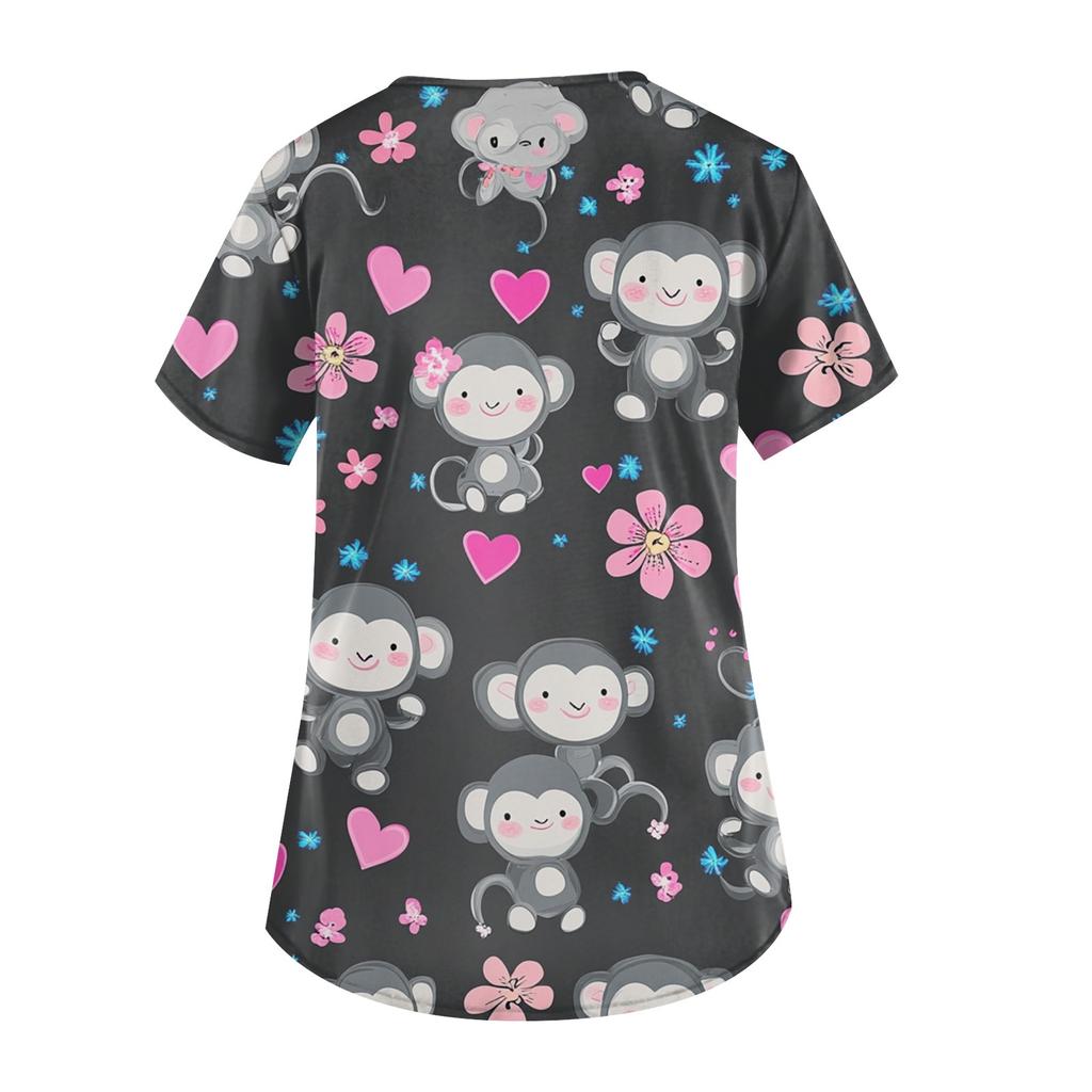 Plus Size Printed Scrub Working Uniform Tops For Women's V-Neck Short Sleeve Fun T-Shirts Tee With Pockets