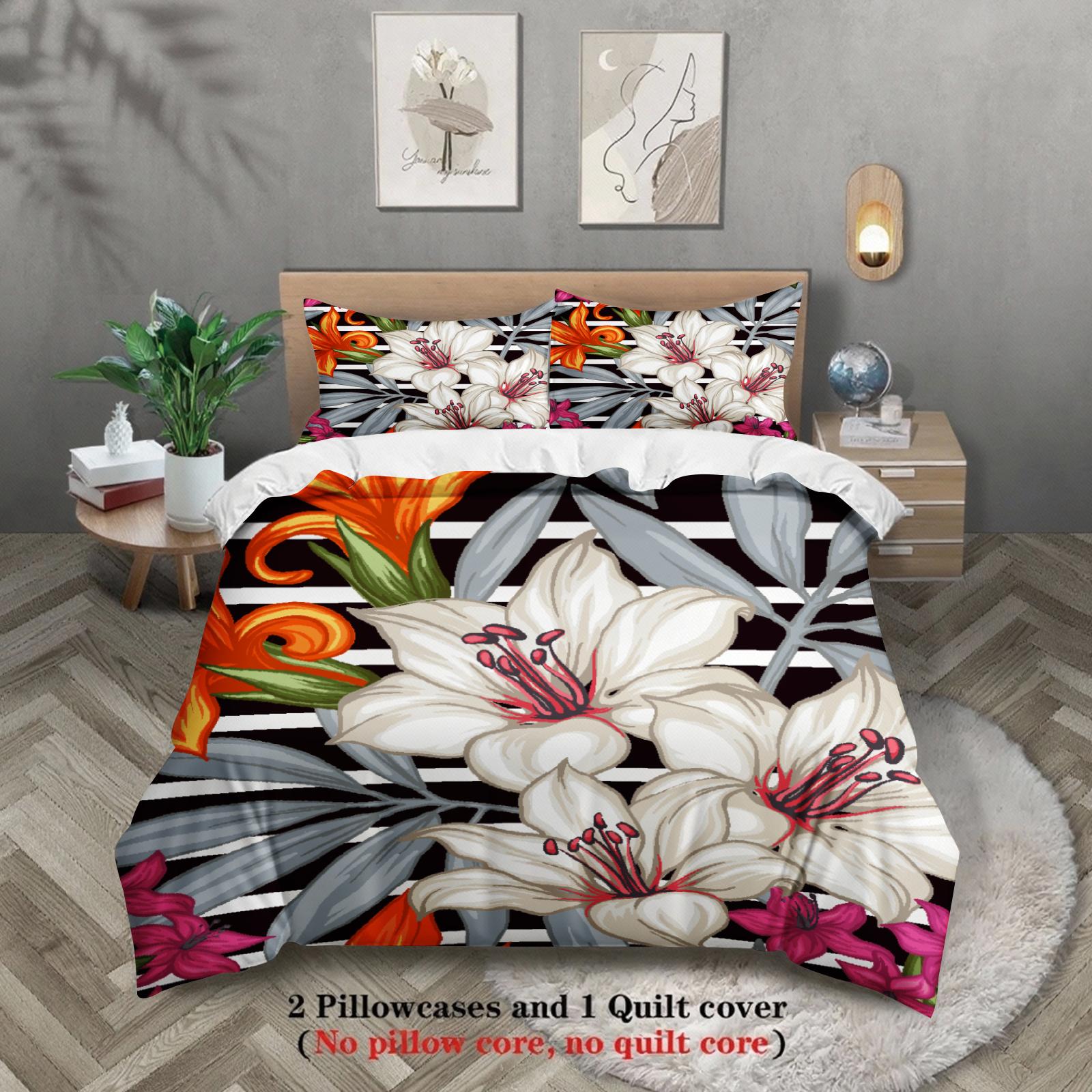 

3pcs Floral Illustration Duvet Cover With 2 Pillowcases Gifts For Girls Single Twin Queen Size 100% Polyester Quilt Cover Sets US King(264x229cm)