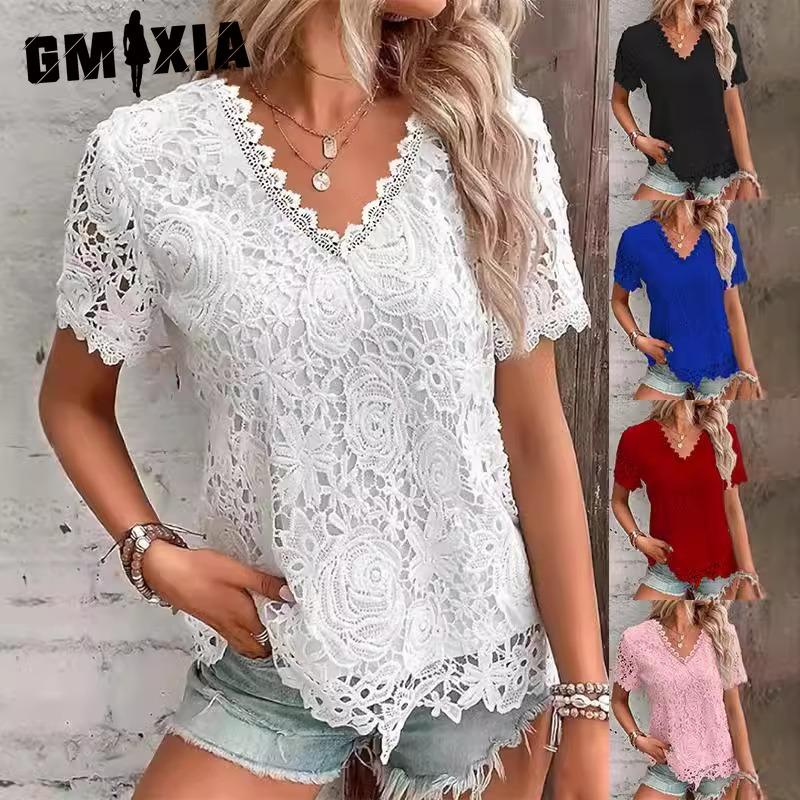 GMXIA Camicette e camicie da donna con scollo a V, maniche corte, stampa tinta unita casual alla moda