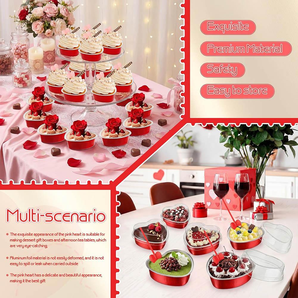 25/50 Heart-Shaped Aluminum Foil Cake Cups with Lids,Heat Resistant Baking Cups,Pudding Cupcake Cup,Perfect for Valentine's Day