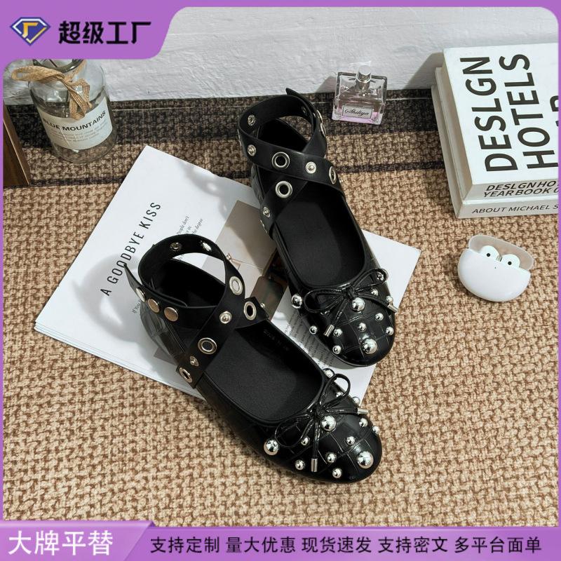 Grape Mother Summer New Ballet Style Flat Shoes Women's High Sense Cross Strap Fashion Rivet Casual Shoes Soft Sole