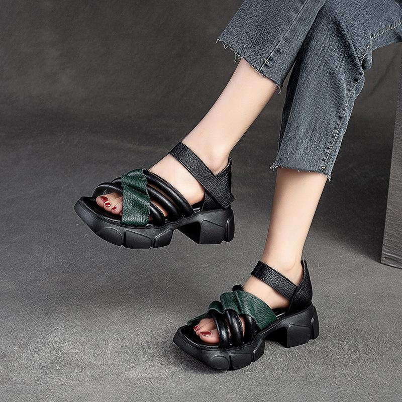 Fashion 6CM Women Sandals Hook Cow Genuine Leather Fashion Platform Sandal Luxury Females Thick-soled ROME Big Toe Summer Retro Shoes