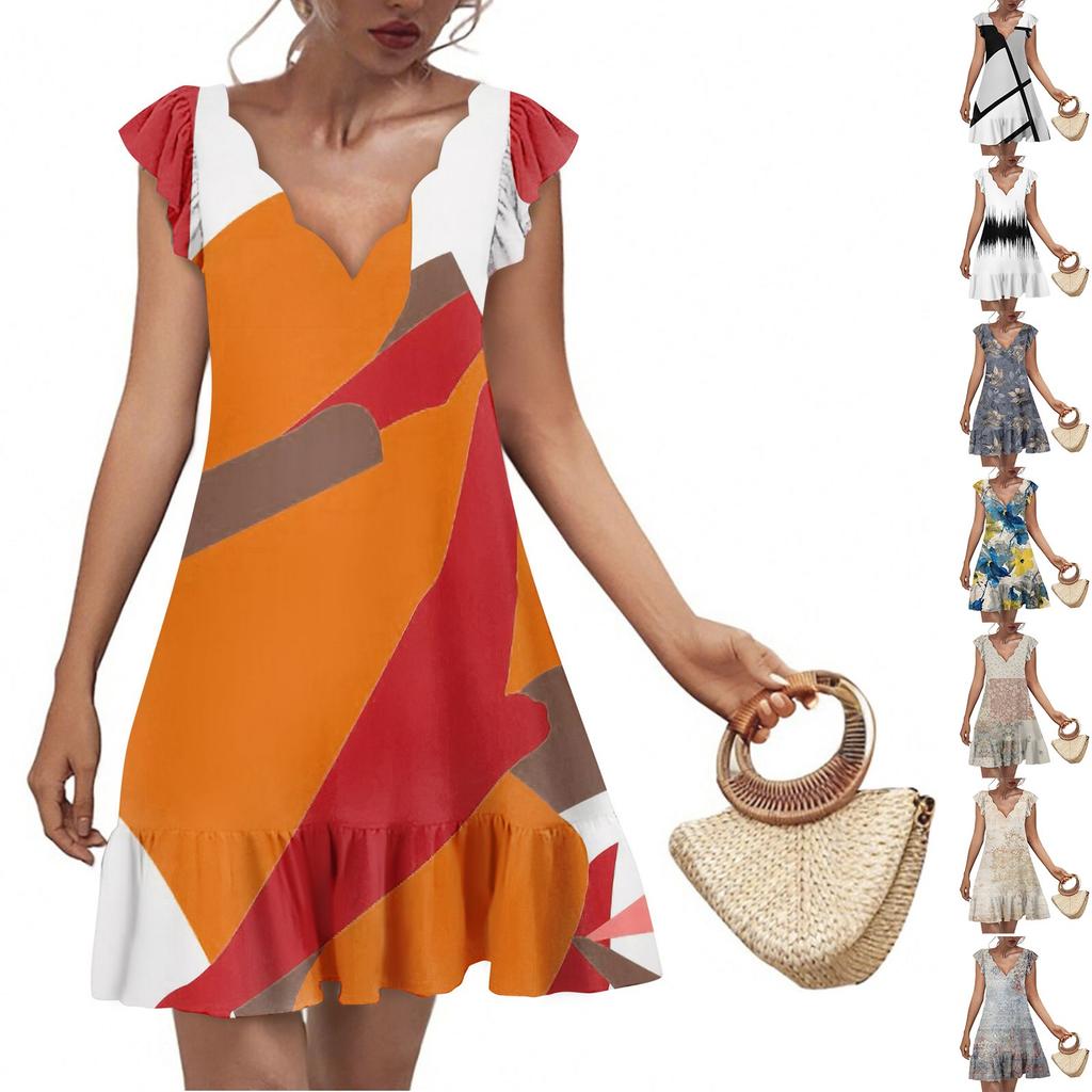 Women's Fashion Casual V Neck Wavy Edge Texture Print Short Sleeve Dress