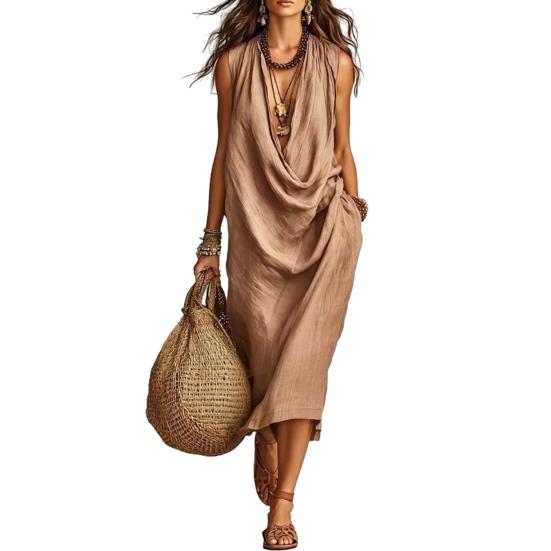 Women's Draped Deep V Neck Dress, Summer Sleeveless Loose Flowy Dress, Casual Travel Vacation Ruched Long Dress