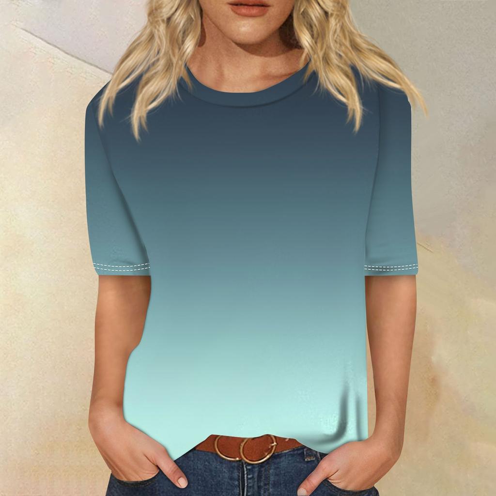 Modisches, lässiges Top mit drei halben Ärmeln und abgestuftem Druck für Damen mit Rundhalsausschnitt