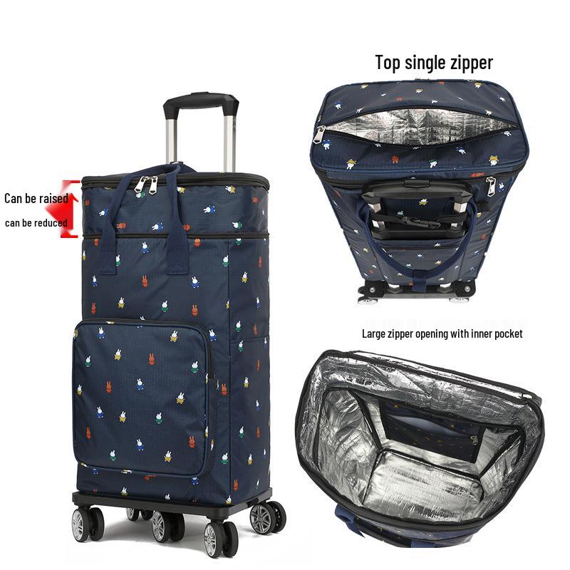 Portable Small Trolley Cart with Universal Wheels and Insulated Shopping Bag