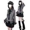 Japanese Academy Plaid Patchwork Waist-Cinched Shirt + Pleated Skirt Set