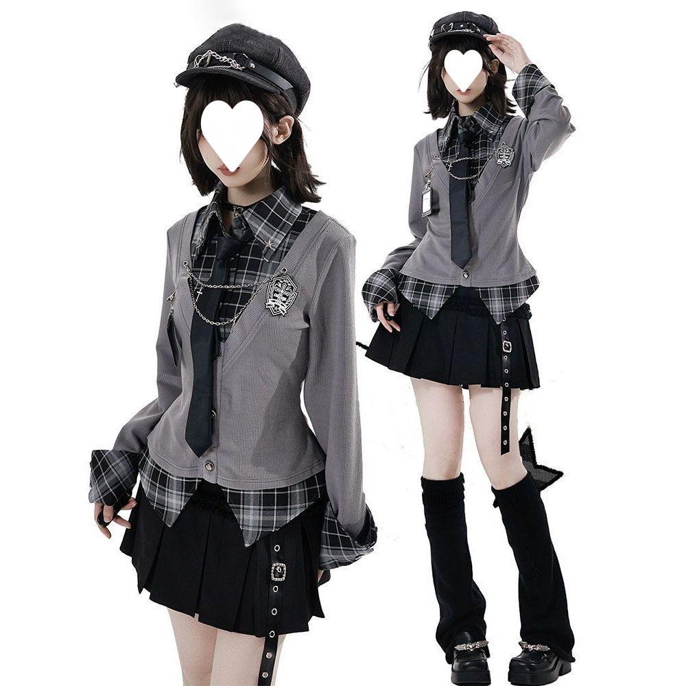 Japanese Academy Plaid Patchwork Waist-Cinched Shirt + Pleated Skirt Set