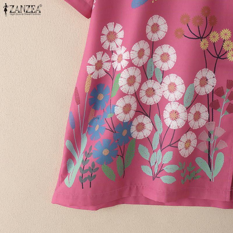 ZANZEA Women Summer Floral Print Casual Short Sleeve Lace Up Blouse