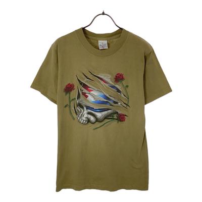 ALORE 90s Made In USA Print Short Sleeve T-shirt S Khaki Old Vintage Men's Used