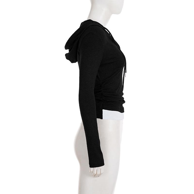Casual Color Block Hooded Knit T-Shirt with Cinched Waist Long Sleeves