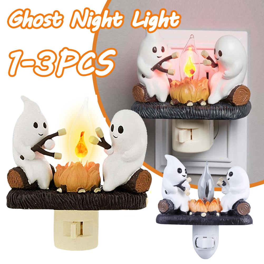 2025 Ghost Campfire Flickering Nightlight 2 Ghosts Roasting Plug Wall Spooky Fire Marshmallow Night Light for Halloween Decor