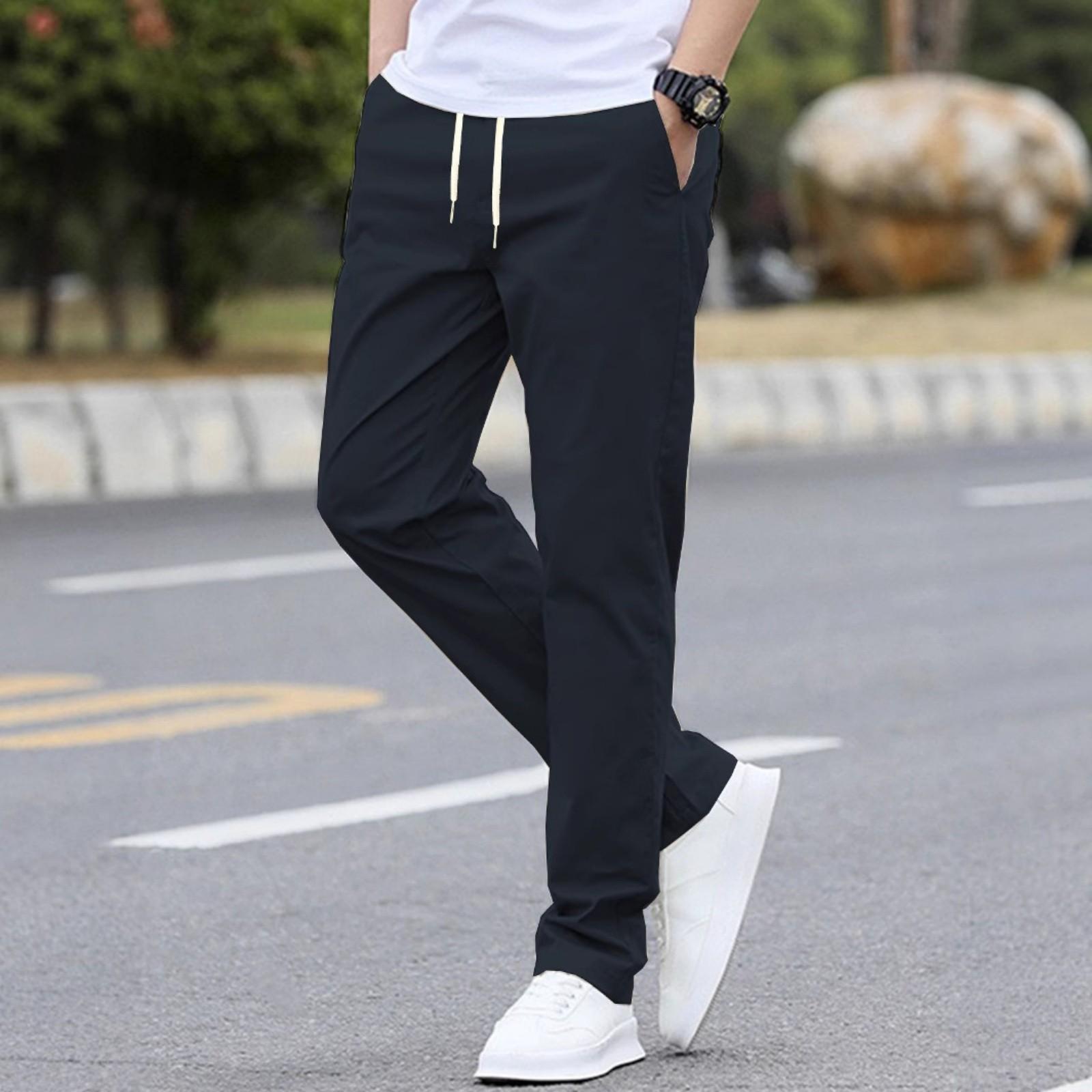 

Men s Casual Elastic Waistband Drawstring Breathable Solid Color Pants XXL Темно-синій
