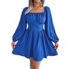 Women Summer Dress High Waist Swing Solid Color Square Neck Wood Edge Spring Fashion Big Flowy