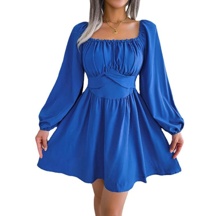 Women Summer Dress High Waist Swing Solid Color Square Neck Wood Edge Spring Fashion Big Flowy
