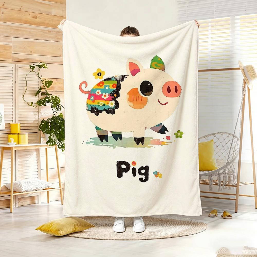 Illustration Cartoon Pig Throw Lightweight 240G Flannel Blanket Soft Skin-Friendly For Summer Cooling