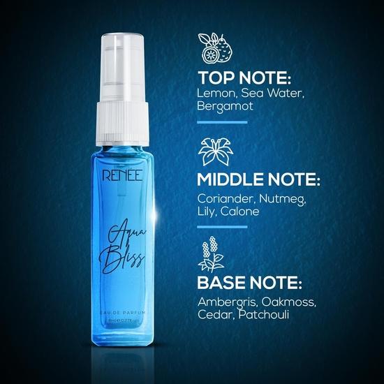 RENEE Aqua Bliss Eau De Parfum, Premium Long-lasting Fragrance With Notes of Lemon, Bergamot, Lily, Nutmeg, Cedar & Patchouli, 8 Ml