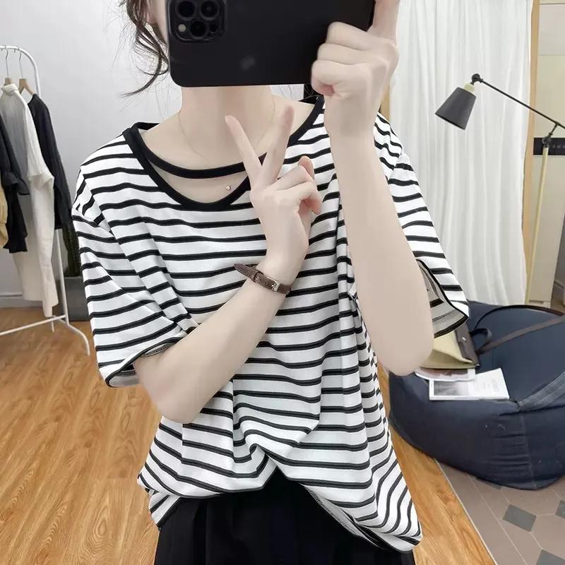 Women Black White Striped Cut Out Neck Short Sleeve Loose T Shirt