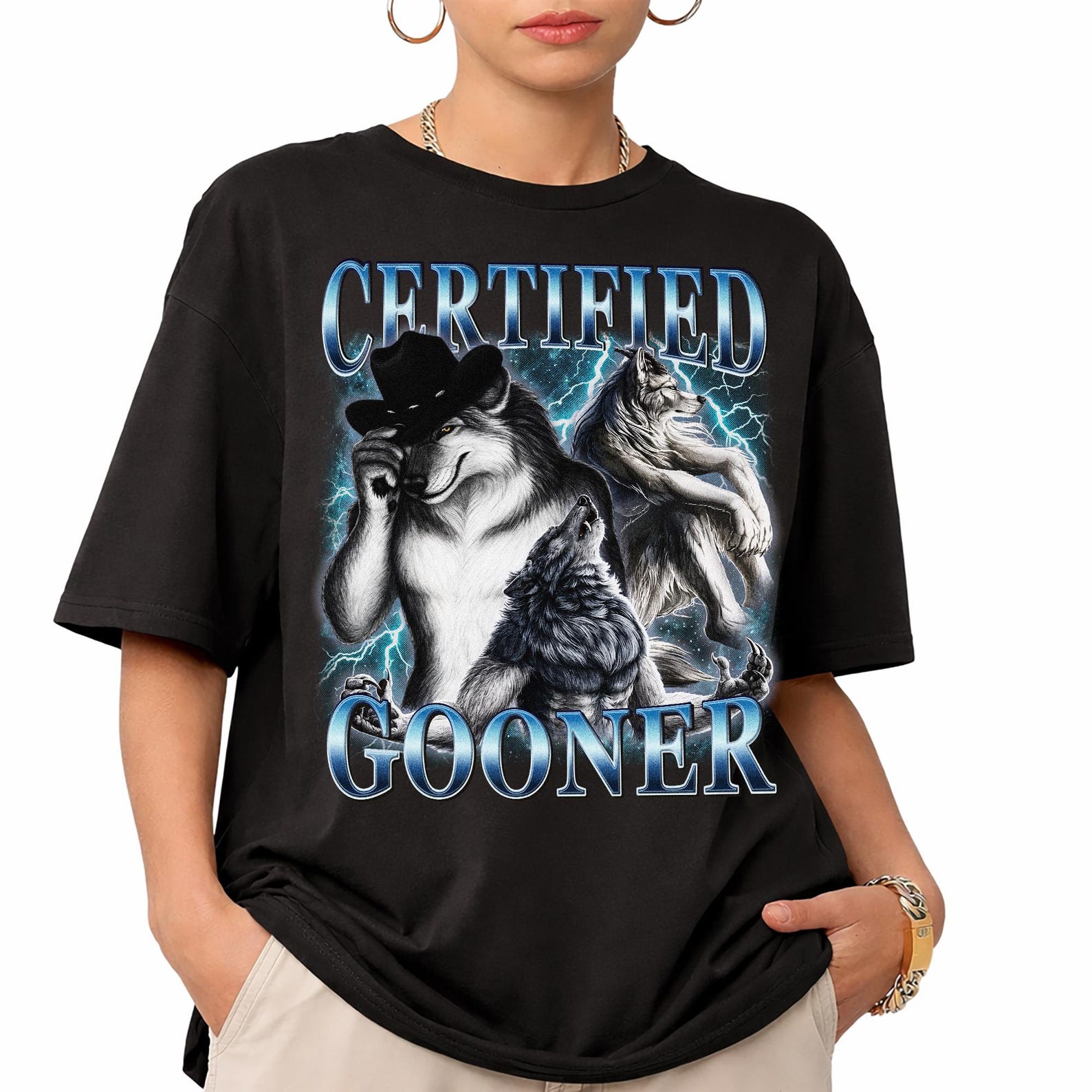 Certified Gooner T-Shirt, Werewolf Meme Graphic Tee, Y2K Wolf Shirt S