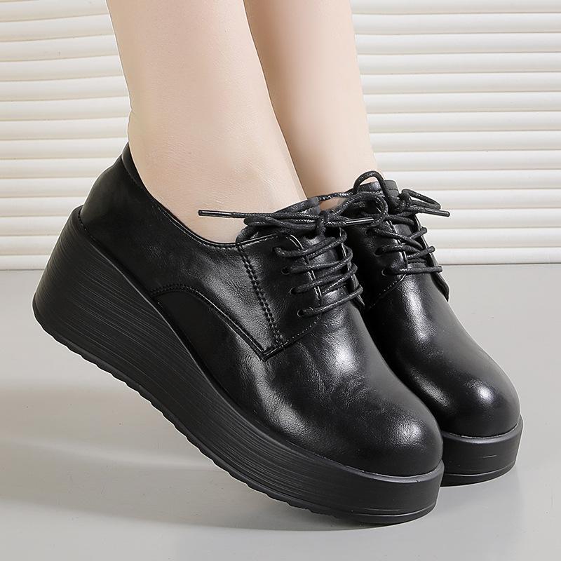 

Women s Spring and Autumn Work Shoes Thick-Soled Leather Shoes Women s Platform Lace-up Wedge Heel Single Shoes Commuter Shoes 35 чёрный