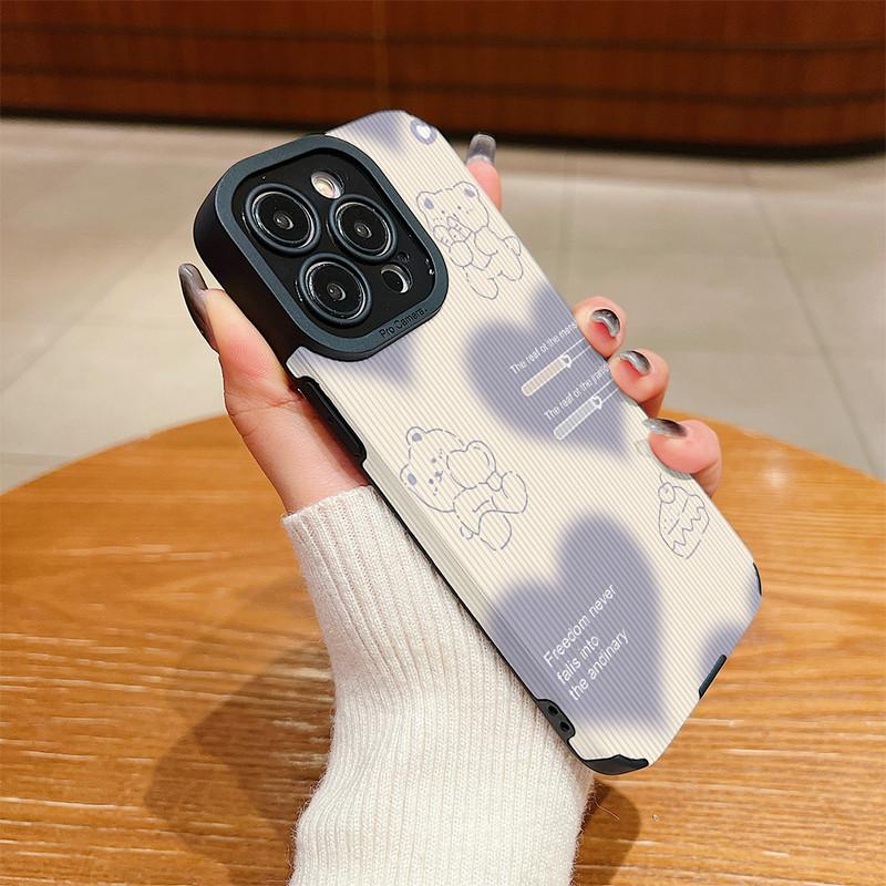 Vertical Grain Leather Cute Cartoon Bear Printed Soft Silicone Phone Case Back Cover with Camera Lens Full Protection for Samsung