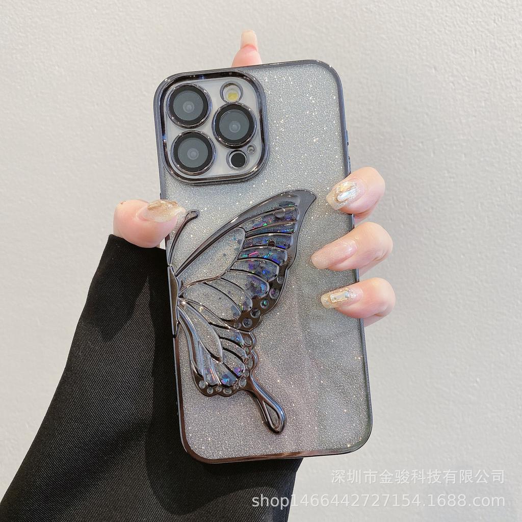 3D Flowing Sand Butterfly Apple 15 Phone Case 14 Pro with Lens Protector Compatible with iPhone 16 Electroplated TPU Soft Case