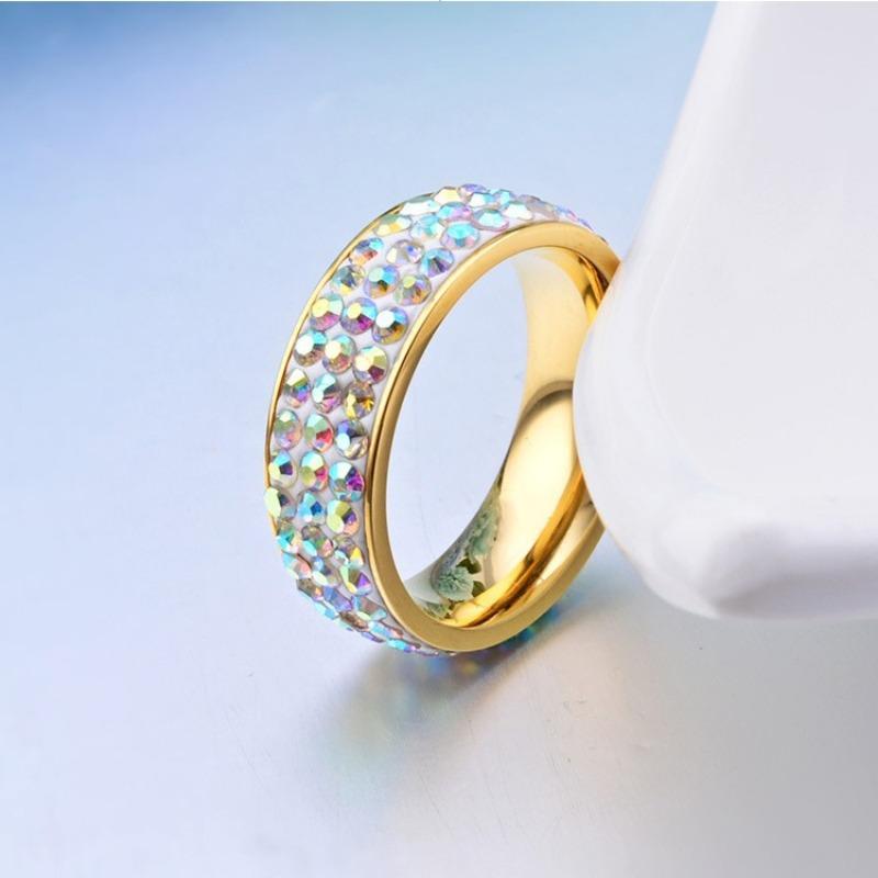 Titanium Steel Gold Colored Diamond Womens Ring with A Full Circle of Diamonds European and American New Womens Ring
