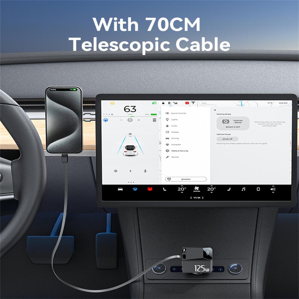 YESIDO Y71 125W Fast Charging USB A + Type C Car Charger with Retractable Cable and iP Adapter