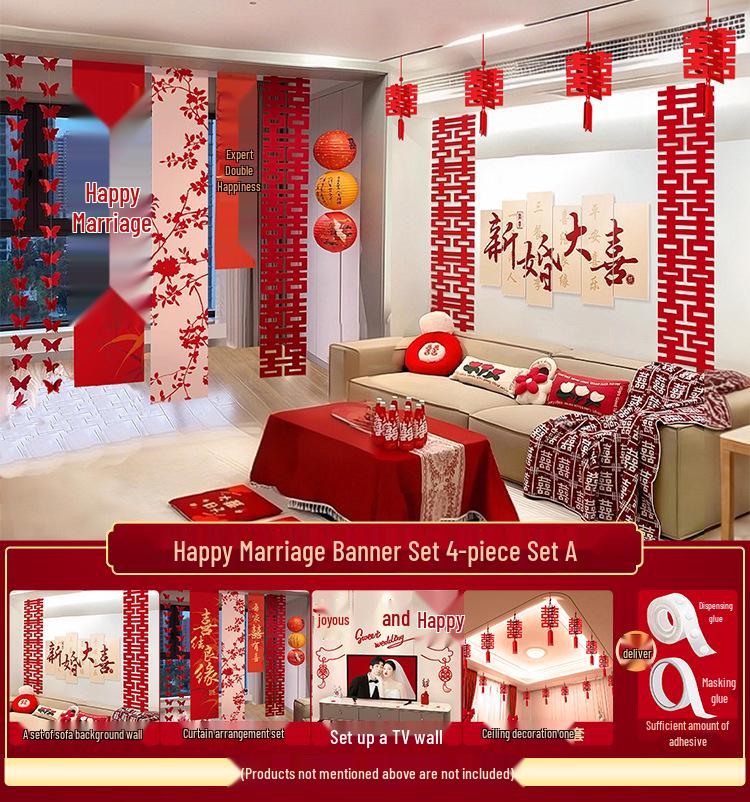 Double Happiness Wedding Room Cloth Banner Set for Ceremony and Hotel Décor