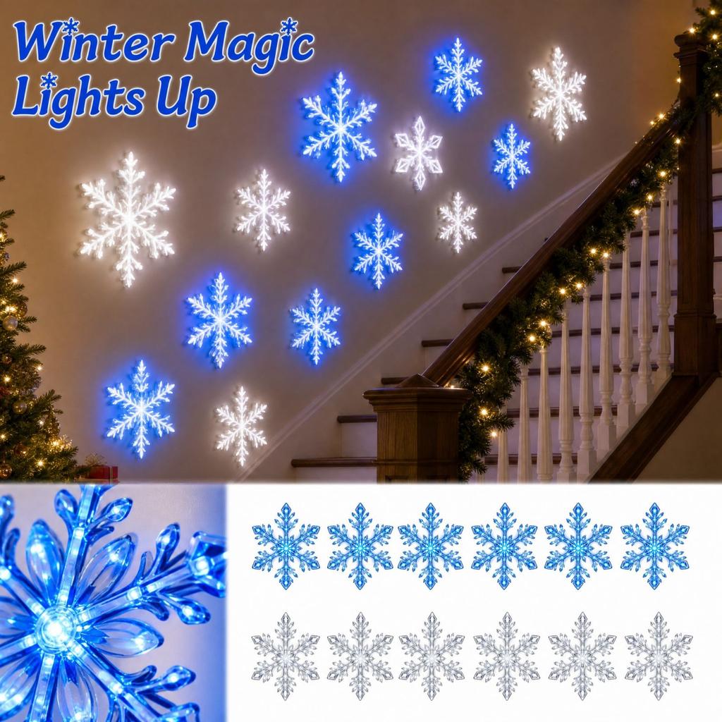 6 Blue and 6 Snowflake Wall Lights Set for Indoor Holiday Wall Decorations