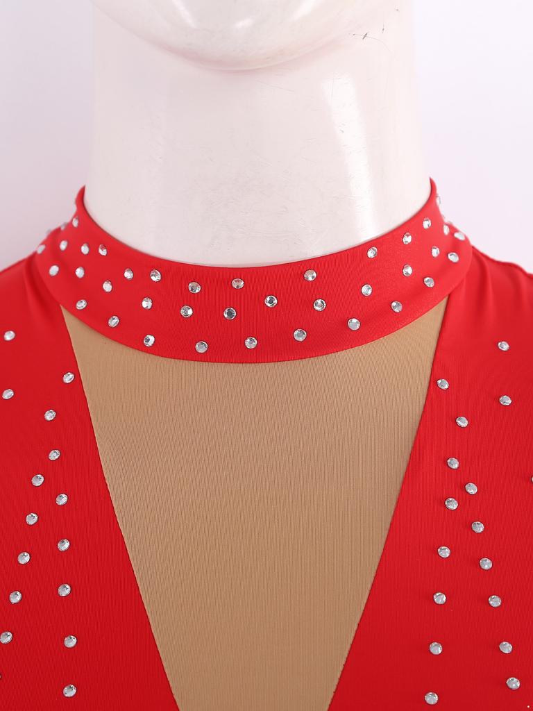 Unitard Lucios cu Strass-uri pentru Gimnastică Feminină, cu Mâneci Lungi și Mănuși, cu Picior, Culoare Contrastantă, Body pentru Patinaj Artistic