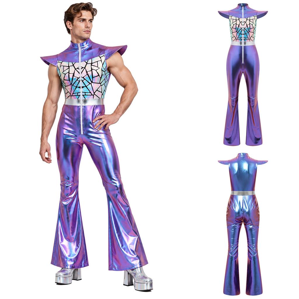 Retro 70er Disco Club Jumpsuit für Herren Flatterärmel Reißverschluss vorne Farbverlauf Pailletten Oberteil Schlaghosen Color Block Unitard Halloween