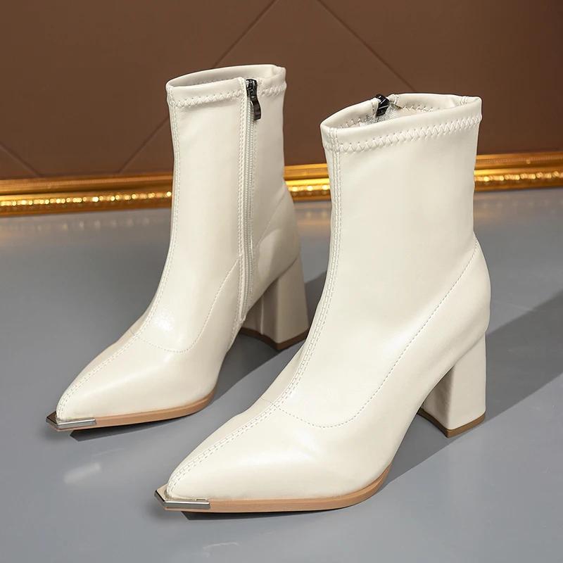 Fashion Autumn Winter Thick Heel Women Ankle Boot Fashion Zippers Metal Pointed Toe Shoes Ladies Modern Short Botas Para Mujer