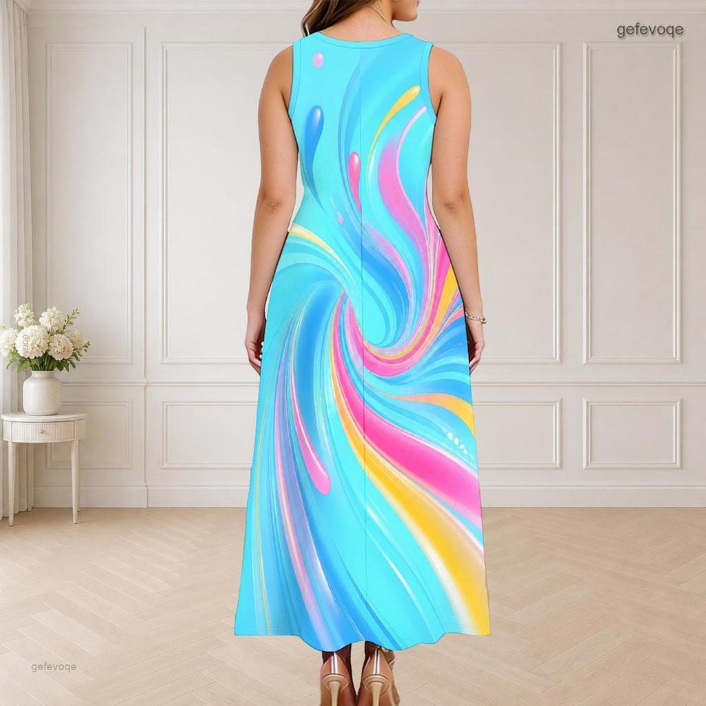 Women Plus Size Round Neck Triple Keyhole Cutout Sleeveless Printed Colorful Gradient Long Dress