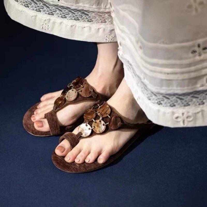 Fashion Vintage Amber Brown Toe Clip-in Flip Slippers Women's Summer New Low Heel Open Toe Anti-slip Wear-resistant Cool Slippers