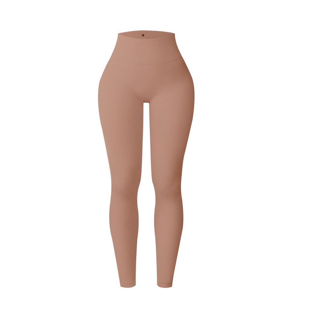 Women's European Style Seamless Ribbed High Waist Yoga Leggings - Peach Butt & Tummy Control Fitness Pants.