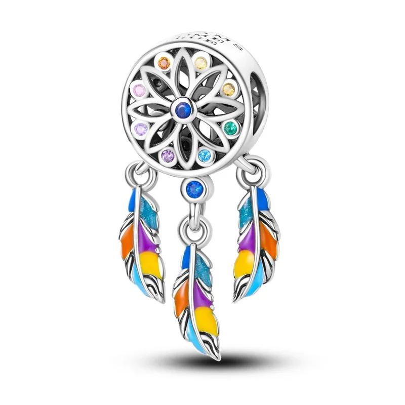 925 Silver Feather Charms Beads Dreamcatcher Lucky Pendants for DIY Bracelets Necklace Women Jewelry Gifts