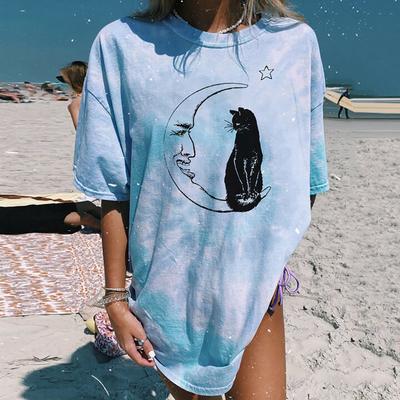 Women's Vintage Sun And Moon Printed Tie-dye Casual Short Sleeve Tops Blouse