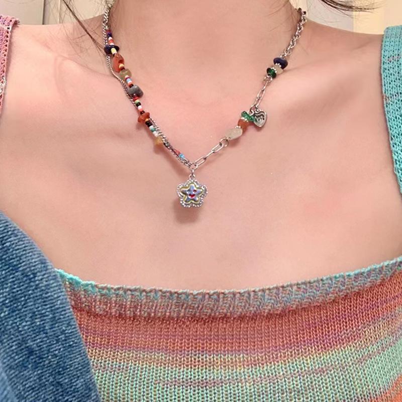 Дофаминовое смайлик-звезда ожерелье женское нишевый дизайн бусины цепочка на ключицы цепочка на шею