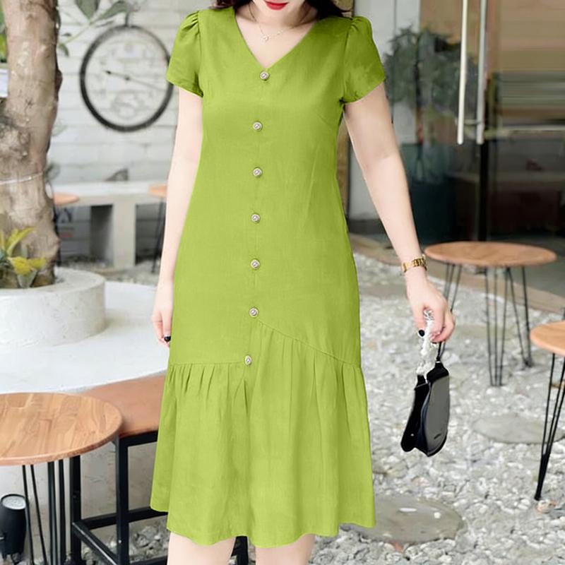 ZANZEA Women Casual V-Neck Summer Short Sleeve Solid Color Dress S зелёный