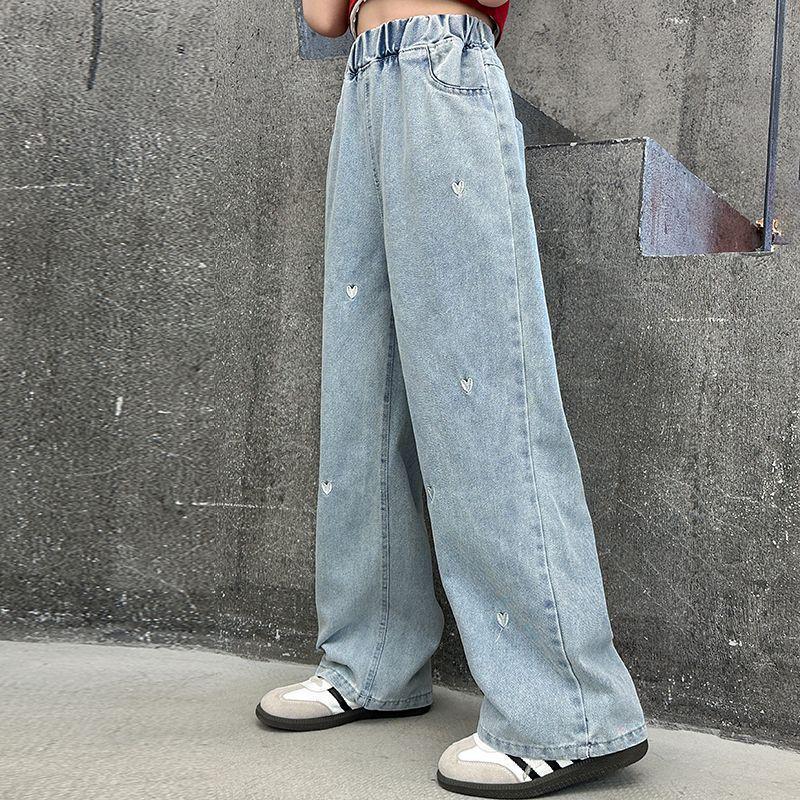 Girls' Embroidered Casual Wide-Leg Jeans for Spring & Autumn
