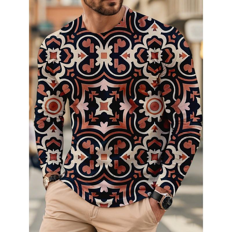 3D Print Luxurious Exquisite T Shirt For Men Colorful Pattern Tees Autumn Fashion Casual Long Sleeves O-Neck Tops Loose T-Shirts