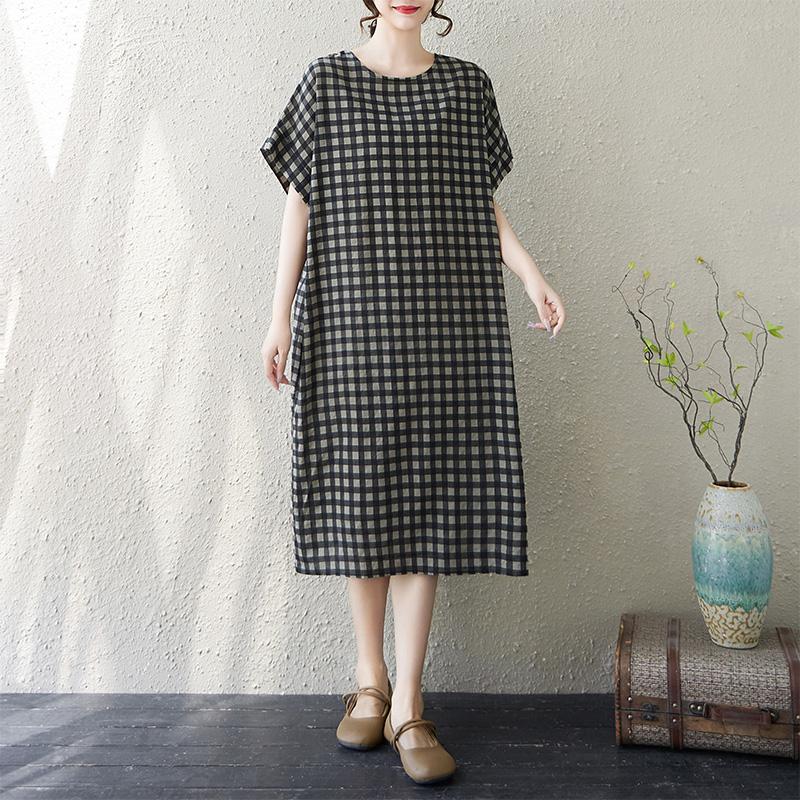 

Dimanaf Новое летнее платье большого размера 2025 года в клетку, женское базовое повседневное платье с коротким рукавом, свободное длинное платье One Size чёрный