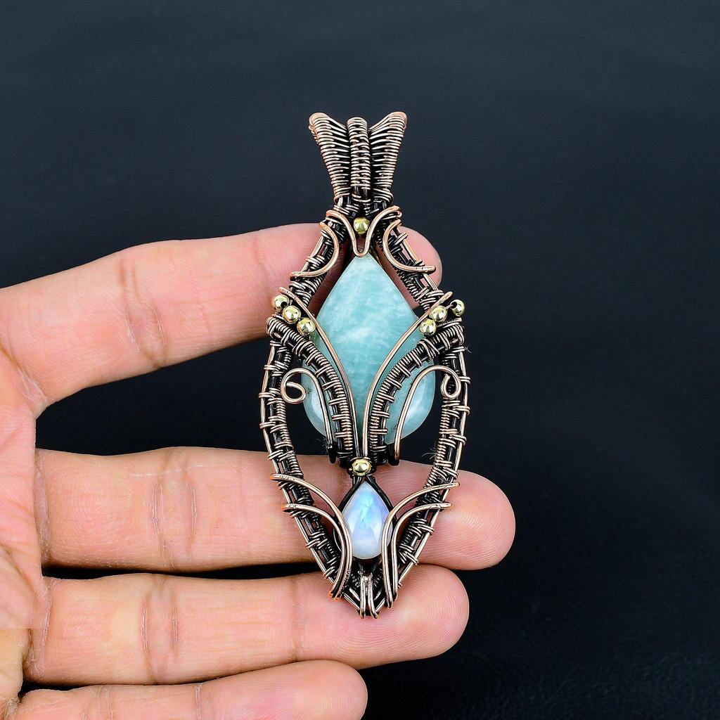 Amazonite & Moonstone Pendant, 999Copper Wire Wrapped Pendant Handmade Gemstone Jewelry, Gifts For Wife Brand New Pendant